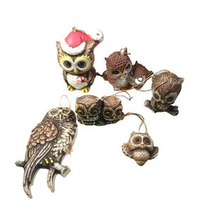 Owl Ornaments Ceramic Vintage Christmas Wise Bird Lot Of 6